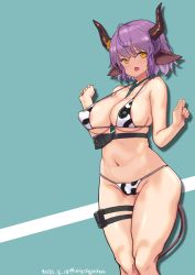 Rule 34 | 1girl, ahoge, alternate costume, animal ears, animal print, areola slip, arknights, bare legs, between breasts, bikini, blue background, blush, breasts, censored, cleavage, commentary, covered erect nipples, cow ears, cow girl, cow horns, cow print, cow tail, cowboy shot, dated, embarrassed, green necktie, groin, hair between eyes, heart, heart censor, horns, konigstigerchan, large breasts, looking at viewer, navel, necktie, necktie between breasts, open mouth, pouch, print bikini, purple hair, short hair, sideroca (arknights), simple background, solo, standing, stomach, strap, string bikini, swimsuit, tail, thigh pouch, thigh strap, thighs, twitter username, yellow eyes