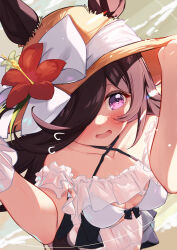 Rule 34 | 1girl, alternate costume, beach, black hair, blush, breasts, collarbone, commentary request, flower, hair flower, hair ornament, hair over one eye, hat, highres, horse girl, long hair, looking at viewer, open mouth, portrait, pov, rice shower (umamusume), saboten mushi, small breasts, solo, straw hat, swimsuit, umamusume