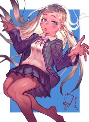 Rule 34 | 1girl, :o, blonde hair, blue background, blue eyes, blush, border, breasts, collared shirt, commentary request, floating hair, food, highres, idolmaster, idolmaster cinderella girls, jacket, layla (idolmaster), legs, long hair, looking at viewer, medium breasts, miniskirt, neck ribbon, open mouth, outside border, outstretched arms, parted bangs, pleated skirt, popsicle, purple jacket, purple skirt, raised eyebrows, red ribbon, reomenka, ribbon, shirt, simple background, skirt, solo, thighs, translation request, white border, white shirt