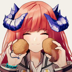 Rule 34 | 1girl, ^ ^, arknights, bagpipe (arknights), blush, closed eyes, commentary request, facing viewer, food, fox tail, franka (arknights), grey background, holding, holding food, horns, korean commentary, liskarm (arknights), long hair, orange hair, portrait, potato, runamonet, simple background, solo, tail