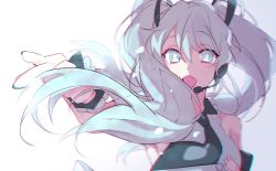 Rule 34 | 1girl, aqua eyes, aqua hair, bad id, bad pixiv id, fang, floating hair, hatsune miku, headset, long hair, looking at viewer, necktie, open mouth, piyo (ppotatto), solo, twintails, very long hair, vocaloid