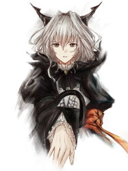 Rule 34 | 1girl, absurdres, arknights, armband, ascot, black ascot, black horns, black jacket, black snake, brown eyes, center frills, cheddar n, commentary request, cropped torso, fading, frilled sleeves, frills, grey hair, hair between eyes, highres, horns, jacket, long sleeves, looking at viewer, medium hair, orange armband, parted lips, reunion logo (arknights), shirt, snake, solo, talulah (arknights), white background, white shirt