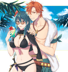 Rule 34 | 1boy, 1girl, absurdres, arm behind back, arm scarf, bare shoulders, bikini, black bikini, black capelet, blue eyes, blue hair, blue sky, breasts, byleth (female) (fire emblem), byleth (female) (summer) (fire emblem), byleth (fire emblem), capelet, cleavage, cloud, commentary request, cowboy shot, cup, dagger, day, drinking, drinking straw, fire emblem, fire emblem: three houses, fire emblem heroes, flower, grin, hair between eyes, hair flower, hair ornament, hands on another&#039;s shoulders, highres, holding, holding cup, jewelry, knife, large breasts, long hair, looking at viewer, midriff, navel, necklace, nintendo, official alternate costume, one eye closed, orange eyes, orange hair, palm leaf, ribbon, round eyewear, shadow, sheath, sheathed, shorts, sidelocks, sky, smile, standing, sugaharu, sunglasses, swimsuit, sylvain jose gautier, topless male, towel, towel on one shoulder, twitter username, weapon, wrist ribbon