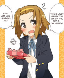 Rule 34 | 00s, 1girl, blazer, blush, female focus, flying sweatdrops, gift, hairband, hard-translated, holding, holding gift, incoming gift, ixy, jacket, k-on!, obligation chocolate, open clothes, open jacket, open mouth, school uniform, simple background, solo, standing, sweatdrop, tainaka ritsu, third-party edit, translated, tsundere, valentine, wavy mouth, white background
