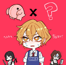 Rule 34 | 1girl, 2boys, apron, black hair, blonde hair, blue apron, bongy (project moon), collared shirt, gregor (project moon), holding, holding knife, knife, limbus company, low ponytail, multiple boys, pink background, project moon, ryoshu (project moon), shirt, short hair, short sleeves, simple background, sinclair (project moon), upper body, white shirt, yellow eyes, yono neie