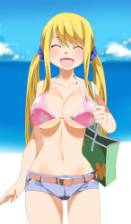 Rule 34 | 1girl, bare shoulders, bikini, blonde hair, blush, breasts, cleavage, closed eyes, fairy tail, gaston18, highres, large breasts, long hair, lucy heartfilia, navel, open mouth, smile, solo, standing, swimsuit, twintails