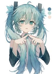 Rule 34 | 1girl, absurdres, ahoge, aqua eyes, aqua hair, aqua nails, aqua necktie, bare shoulders, blouse, blush, collared shirt, color guide, cropped torso, deep (deep4946), detached sleeves, fidgeting, grey shirt, hatsune miku, highres, long hair, long sleeves, looking at viewer, messy hair, nail polish, necktie, no pupils, open mouth, shirt, simple background, solo, twintails, upper body, vocaloid, white background