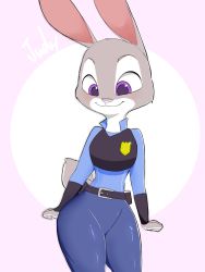 Rule 34 | 1girl, animal ears, badge, belt, black vest, blue pants, blue shirt, blush, character name, closed mouth, denyfake, english text, female focus, furry, furry female, glint, grey outline, happy, highres, judy hopps, light blush, long sleeves, looking down, outline, pants, police, police uniform, policewoman, pouch, purple background, purple eyes, rabbit ears, rabbit tail, shiny clothes, shirt, smile, solo, standing, tail, two-tone background, uniform, vest, wide hips, zootopia