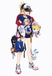 Rule 34 | 1girl, absurdres, ahoge, alternate costume, animal costume, artoria pendragon (all), artoria pendragon (fate), backpack, bag, bandaid, bandaid on knee, bandaid on leg, bare legs, baseball cap, black bag, blonde hair, blue ribbon, blue shirt, candy, character doll, character name, character pin, character print, closed mouth, collarbone, commentary request, contemporary, crop top, denim, denim shorts, fate/grand order, fate (series), food, fou (fate), full body, green eyes, hair ribbon, hat, highres, holding, holding candy, holding food, holding lollipop, hood, hood down, jacket, jewelry, kan&#039;yu (citron 82), legs apart, lion costume, lollipop, long sleeves, looking at viewer, mordred (fate), mordred (fate/apocrypha), multicolored clothes, multicolored jacket, ponytail, red jacket, ribbon, ring, saber (fate), see-through, shirt, shoes, short hair, short shorts, short sleeves, shorts, simple background, sneakers, solo focus, standing, stuffed animal, stuffed cat, stuffed toy, tongue, tongue out, white background, white footwear, white jacket