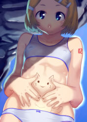 Rule 34 | 1girl, blonde hair, blue bow, blue bra, blue eyes, blue panties, body writing, bow, bow panties, bra, closed mouth, commentary request, day, flat chest, hair ornament, hairclip, highres, kagamine rin, long hair, navel, nipples, panties, see-through, see-through sports bra, short hair, solo, soon (c-u-soon), sports bra, sunlight, underwear, underwear only, vocaloid
