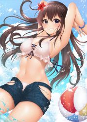 Rule 34 | 1girl, armpits, arms up, ball, beachball, bikini, bikini top only, bikini under clothes, blush, bracelet, breasts, brown eyes, brown hair, cleavage, clothing cutout, cloud, cross-laced bikini, cross-laced clothes, denim, denim shorts, flower, frilled bikini, frills, from below, groin, hair between eyes, hair flower, hair ornament, hairclip, halterneck, highres, jewelry, large breasts, lens flare, long hair, looking at viewer, midriff, minato ojitan, navel, open clothes, open shorts, original, outdoors, partially submerged, shorts, side cutout, smile, solo, swimsuit, tareme, teeth, unbuttoned, unzipped, water, water drop, wet, wet hair