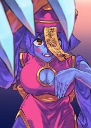 Rule 34 | 1girl, arms up, bad id, bad twitter id, blue hair, blue skin, blush stickers, breasts, china dress, chinese clothes, claws, cleavage, cleavage cutout, clothing cutout, colored skin, dress, fighting stance, hat, highres, jiangshi, large breasts, lei lei, looking at viewer, ofuda, open mouth, otsudou, qingdai guanmao, red eyes, short hair, simple background, solo, vampire (game), white background, wide sleeves