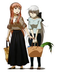 Rule 34 | 2girls, absurdres, ahoge, bad id, bad pixiv id, bag, black skirt, blouse, blue eyes, blush, bracelet, breasts, casual, denim, earrings, full body, grey hair, groceries, hair between eyes, hairband, headphones, highres, holding, holding bag, jeans, jewelry, long hair, long skirt, looking at another, megurine luka, multiple girls, open mouth, pants, pink hair, ponytail, red eyes, shirt, shoes, shopping bag, side-by-side, sidelocks, simple background, skirt, sleeves rolled up, standing, striped clothes, striped shirt, v arms, very long hair, vocaloid, white background, yowane haku, yui (artist)