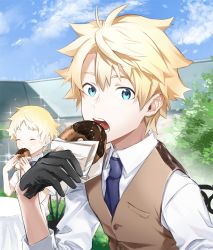 Rule 34 | 2boys, black gloves, blonde hair, blouse, blue eyes, brown vest, cloud, collared shirt, day, doughnut, eating, fate/grand order, fate (series), food, fujimaru ritsuka (male), gloves, hair between eyes, haisato (ddclown14), highres, male focus, multiple boys, necktie, open mouth, outdoors, shirt, short hair, sky, vest, voyager (fate), white shirt