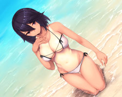 Rule 34 | 1girl, absurdres, bare arms, bare legs, bare shoulders, barefoot, bikini, breasts, cleavage, closed mouth, collarbone, commentary request, day, full body, ginji74, groin, hair between eyes, halterneck, hand on own chest, highres, kneeling, large breasts, looking at viewer, medium hair, navel, one-piece tan, original, outdoors, purple eyes, purple hair, side-tie bikini bottom, skindentation, solo, stomach, strap gap, swimsuit, tan, tanline, thigh gap, wading, water, white bikini