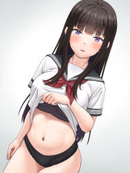 Rule 34 | 1girl, black bra, black panties, black sailor collar, blunt bangs, blush, bra, breasts, brown hair, clothes lift, commentary request, gradient background, grey background, highres, lifted by self, long hair, medium breasts, meow (nekodenki), navel, neckerchief, open mouth, original, panties, purple eyes, red neckerchief, sailor collar, school uniform, serafuku, shirt lift, short sleeves, solo, stomach, underwear