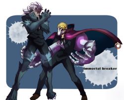 Rule 34 | 2boys, arc system works, artist request, blazblue, blazblue: bloodedge experience, blindfold, blonde hair, cape, formal, height difference, high collar, mechanical arms, multiple boys, pointy ears, relius clover, short hair, smile, suit, transformation, valkenhayn r hellsing, werewolf, white hair, aged down