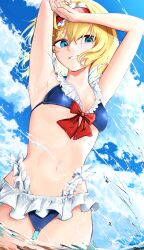 Rule 34 | 1girl, absurdres, alice margatroid, armpits, arms up, bikini, blonde hair, blue bikini, blue eyes, bow, breasts, cloud, cloudy sky, commentary, dedemaru, frilled bikini, frilled hairband, frills, hairband, highres, looking to the side, navel, ocean, red bow, red hairband, short hair, sky, small breasts, smile, solo, splashing, standing, swimsuit, teeth, touhou, wading, water, wet