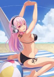 Rule 34 | 1girl, absurdres, arms up, ass, ball, barefoot, beach, beach towel, beachball, bikini, breasts, cloud, colored eyelashes, day, dimples of venus, feet, fkey, headphones, highres, large breasts, long hair, looking at viewer, looking back, nail polish, nitroplus, outdoors, pink eyes, pink hair, side-tie bikini bottom, sideboob, sitting, solo, stretching, super sonico, surfboard, swimsuit, towel, wariza