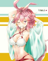 Rule 34 | 1girl, ;), animal ears, arms up, bad id, bad pixiv id, bikini, blush, breasts, bunching hair, cleavage, closed mouth, commentary request, criss-cross halter, fox ears, front-tie bikini top, front-tie top, green jacket, halterneck, heart, highres, honkai (series), honkai impact 3rd, jacket, long hair, medium breasts, melings (aot2846), mouth hold, navel, one eye closed, purple eyes, rabbit ears, red bikini, red hair, short sleeves, smile, solo, swimsuit, very long hair, white bikini, wide sleeves, yae sakura