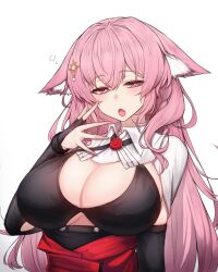 Rule 34 | 1girl, absurdres, animal ears, arknights, black bra, bra, breasts, bright pupils, hair ornament, half-closed eyes, hand up, highres, large breasts, long hair, looking at viewer, open mouth, pink eyes, pink hair, pozyomka (arknights), rikuguma, simple background, solo, underwear, upper body, white background, white pupils, wolf ears, wolf girl, yawning