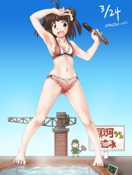 Rule 34 | 10s, 1girl, adapted costume, antenna hair, armpits, bikini, breasts, brown eyes, brown hair, dated, double bun, fairy (kancolle), full body, hair ornament, hair scrunchie, hammer, kantai collection, naka (kancolle), navel, open mouth, remodel (kantai collection), scrunchie, sign, small breasts, smile, solo, swimsuit, tatsumi ray, torpedo, translation request, twitter username