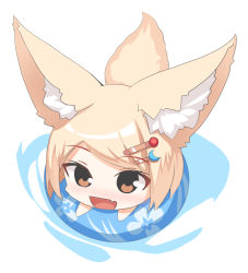 Rule 34 | 1girl, :d, animal ear fluff, animal ears, blonde hair, brown eyes, chibi, commentary request, crescent, crescent hair ornament, fang, fox ears, fox girl, fox tail, full body, hair ornament, hairclip, innertube, open mouth, original, simple background, smile, solo, swept bangs, swim ring, tail, water, white background, yuuji (yukimimi)