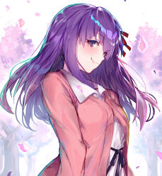 Rule 34 | 1girl, blush, cherry blossoms, closed mouth, collared dress, commentary request, dress, fate/stay night, fate (series), hair ribbon, highres, jacket, lips, long hair, long sleeves, looking at viewer, matou sakura, outdoors, petals, pink jacket, pink lips, purple eyes, purple hair, red ribbon, ribbon, smile, solo, tree, tsukudani (ore624), white dress