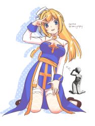 Rule 34 | 1girl, :d, arch bishop (ragnarok online), black footwear, blonde hair, blue dress, blue eyes, blush, breasts, cleavage, cleavage cutout, clothing cutout, commentary request, cross, dated, dress, fishnet thighhighs, fishnets, frilled thighhighs, frills, full body, highres, kneeling, long hair, looking at viewer, medium breasts, open mouth, pelvic curtain, ragnarok masters, ragnarok online, reference inset, sash, shoes, simple background, smile, solo, thighhighs, tomo-graphy, twitter username, two-tone dress, v, white background, white dress, white thighhighs, yellow sash