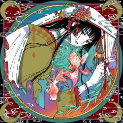 Rule 34 | 1girl, abstract background, absurdres, black hair, blunt bangs, brown eyes, clamp (circle) (style), closed mouth, crescent moon, fish, flower ornament, folded fan, folding fan, framed, goldfish, hand fan, highres, hime cut, holding, holding fan, ichihara yuuko, japanese clothes, kimono, long hair, moon, nail polish, ornament, red nails, sidelocks, smile, smoke trail, solo, traditional clothes, veil, white veil, wide sleeves, xxxholic, zizipai