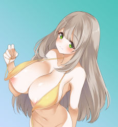 Rule 34 | 1girl, areola slip, bikini, blue archive, bottomless, breasts, front-tie bikini top, front-tie top, gokubuto mayuge, gradient background, green eyes, highres, large breasts, light brown hair, looking at viewer, navel, nonomi (blue archive), nonomi (swimsuit) (blue archive), official alternate costume, out-of-frame censoring, solo, swept bangs, swimsuit, untied bikini, yellow bikini
