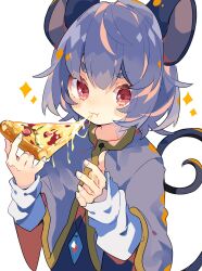 Rule 34 | 1girl, animal ears, capelet, closed mouth, commentary, eating, food, grey capelet, grey hair, hands up, highres, jewelry, long sleeves, looking at viewer, medium hair, mouse ears, mouse girl, mouse tail, nazrin, nikorashi-ka, pendant, pizza, red eyes, shirt, simple background, solo, sparkle, tail, touhou, upper body, white background, white shirt