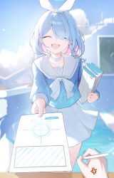 1girl 1other :d ^_^ absurdres anger_vein arona_(blue_archive) blue_archive blue_hair blue_shirt blue_sky braid closed_eyes cloud colored_inner_hair commentary day hair_over_one_eye hairband highres holding holding_paper jiang_zhuti_jiojio long_sleeves multicolored_hair open_mouth outdoors paper pink_hair pov school_uniform serafuku shirt single_braid skirt sky smile solo_focus symbol-only_commentary two-tone_hair white_hairband white_skirt