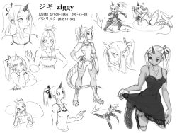 Rule 34 | 1girl, basilisk, boots, character sheet, chibi, cross-laced footwear, crybringer, dagger, dark skin, demon mages, dress, greyscale, hair ribbon, hand on own hip, head rest, holster, horns, jewelry, kicking, knife, lace-up boots, leotard, lizard tail, long hair, monochrome, monster girl, necklace, original, ponytail, ribbon, single horn, spaghetti strap, tail, thigh holster, thighhighs, weapon, ziggy kakziga