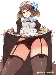 Rule 34 | 1girl, apron, black garter straps, black panties, black thighhighs, blush, bonnet, breasts, brown eyes, brown hair, clothes lift, commentary, dress, dress lift, english commentary, feather hair ornament, feathers, from below, garter straps, gluteal fold, grey thighhighs, hair ornament, juliet sleeves, kikimora (monster girl encyclopedia), lace, lace panties, large tail, lifted by self, long sleeves, looking at viewer, maid, maid apron, monster girl, monster girl encyclopedia, monster girl encyclopedia ii, panties, pinky out, puffy sleeves, rtil, short hair, small breasts, smile, solo, tail, thick thighs, thighhighs, thighs, underwear, upskirt