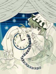 Rule 34 | 1girl, blue background, blush, bright pupils, clock, closed mouth, crescent, crescent hat ornament, green eyes, green hair, hair over one eye, hat, hat ornament, highres, kazami yuuka, kazami yuuka (pc-98), long hair, lying, nightcap, nightgown, nose blush, pajamas, socks, solo, star (symbol), star hat ornament, touhou, turtle-kun, white pajamas, white pupils, white socks