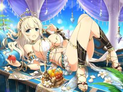 Rule 34 | 1girl, apple, aqua eyes, arabian clothes, armband, armlet, armpits, bed, bikini, blonde hair, blue eyes, blue gemstone, blue sky, blush, bracelet, breasts, bridal gauntlets, chain, cleavage, cloud, cranberry, detached collar, drink, eating, flower, food, frilled armband, frills, fruit, gem, gold, gold chain, gold collar, gold footwear, gold tassel, grapes, green gemstone, hair ornament, hairclip, harem outfit, headdress, headpiece, high heel sandals, high heels, highres, holding, holding food, holding fruit, jewelry, large breasts, lemon, lens flare, light particles, long hair, looking at viewer, lying, middle eastern architecture, navel, official alternate costume, official art, on back, on bed, open mouth, orange (fruit), palm leaf, petals, pillar, pillow, pitcher (container), purple curtains, railing, red apple, red gemstone, revealing clothes, senran kagura, senran kagura new link, senran kagura shoujo-tachi no shin&#039;ei, shiny skin, skindentation, sky, smile, solo, sparkle, sun print, swimsuit, tareme, toes, tongue, white flower, white gemstone, yaegashi nan, yellow gemstone, yomi (senran kagura)
