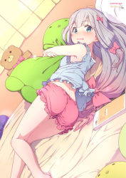 Rule 34 | 10s, 1girl, artist name, ass, azumi akitake, bare arms, bare shoulders, bedroom, blue eyes, blush, book, bow, colored eyelashes, copyright name, curtains, dutch angle, embarrassed, eromanga sensei, from behind, gradient hair, grey hair, hair bow, indoors, izumi sagiri, long hair, looking at viewer, looking back, low-tied long hair, lying, midriff peek, multicolored hair, hugging object, on bed, on side, pajamas, parted lips, pink bow, pink hair, signature, solo, stuffed animal, stuffed octopus, stuffed toy, teddy bear, thighs, wavy mouth