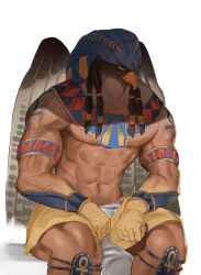 Rule 34 | 1boy, abs, animal head, ankh, armlet, bara, beak, bird boy, character request, dougaku (passionpit777), egyptian clothes, egyptian mythology, expressionless, feathered wings, feet out of frame, highres, large pectorals, male focus, muscular, muscular male, navel, pectorals, sitting, solo, stomach, veins, veiny arms, wings
