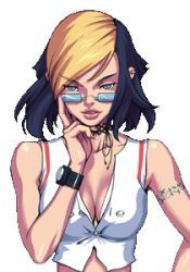Rule 34 | 1girl, blue eyes, breasts, cleavage, female focus, gaia online, glasses, lowres, solo, tattoo, vanessa (gaia online), watch, wristwatch