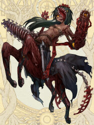 Rule 34 | 1girl, :d, arm cannon, belt, black coat, black sclera, blood, blood on arm, bone tail, breasts, brown belt, centaur, chainsaw, character request, chest belt, coat, collarbone, colored sclera, commentary request, dairoku ryouhei, dark-skinned female, dark green hair, dark skin, exposed bone, exposed muscle, extra arms, extra eyes, extra mouth, full body, hand on own head, hands up, highres, kajaneko, long hair, looking at viewer, medium breasts, monochrome background, monster girl, open mouth, orange pupils, rearing, sharp teeth, skeletal arm, smile, solo, standing, tail, taur, teeth, torn clothes, torn coat, tree, weapon, yellow eyes