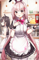 Rule 34 | 2girls, animal ears, animal print, apron, black hair, blue eyes, blush, bow, bowtie, brown eyes, cat ears, commentary request, diadem, fake animal ears, food, hair ornament, hairclip, indoors, ketchup bottle, long hair, looking at viewer, looking away, multiple girls, omelet, omurice, open mouth, original, pink bow, pink hair, pink neckwear, pleated skirt, rabbit ears, rabbit print, rangu, skirt, solo focus, tray, waist apron, waitress, white legwear, wrist cuffs