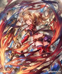 Rule 34 | 10s, 1girl, bad id, bad pixiv id, belt, black panties, blonde hair, blue eyes, boots, braid, breasts, cleavage, fire, gloves, granblue fantasy, hairband, highres, lee hyeseung, long hair, midriff, miniskirt, monster, navel, official art, panties, parted lips, shingeki no bahamut, skirt, smile, solo focus, thigh boots, thigh gap, thighhighs, twintails, underwear, weapon, zeta (granblue fantasy)