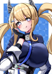 Rule 34 | + +, 1girl, :q, absurdres, asagiri rey, azur lane, black gloves, blonde hair, blue background, blue leotard, blue ribbon, blush, border, breasts, commentary request, facial mark, fingerless gloves, gloves, guam (azur lane), hair ornament, hairclip, hand up, headgear, heart, heart facial mark, highres, index finger raised, large breasts, leotard, long hair, long sleeves, looking at viewer, neck ribbon, partial commentary, purple eyes, ribbon, sidelocks, sleeves rolled up, smile, solo, standing, star-shaped pupils, star (symbol), symbol-shaped pupils, tongue, tongue out, twintails, upper body, very long hair, white border