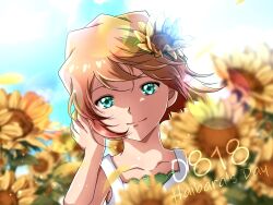 Rule 34 | 1girl, bare arms, blurry, blurry background, brown hair, character name, closed mouth, collarbone, field, flower, flower field, green eyes, haibara ai, hair flower, hair ornament, hand in own hair, highres, lens flare, looking at viewer, meitantei conan, portrait, s n sb 4869, short hair, smile, solo, sunflower, sunflower field, upper body, yellow flower