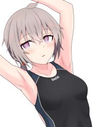 Rule 34 | 1girl, absurdres, ahoge, armpits, blush, breasts, collarbone, competition swimsuit, eyebrows, female focus, girls&#039; frontline, gotoo, highres, looking at viewer, m200 (girls&#039; frontline), medium breasts, one-piece swimsuit, open mouth, short hair, simple background, solo, swimsuit, twitter, upper body, white background