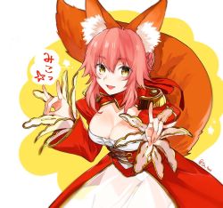 Rule 34 | 10s, 1girl, :d, \m/, animal ears, braid, breasts, cleavage, cleavage cutout, clothing cutout, cosplay, dress, epaulettes, eyebrows, fate/extra, fate (series), fox ears, fox shadow puppet, fox tail, hair between eyes, highres, looking at viewer, medium breasts, nero claudius (fate), nero claudius (fate) (all), nero claudius (fate/extra), nero claudius (fate/extra) (cosplay), open mouth, pink hair, round teeth, see-through, sidelocks, smile, solo, speech bubble, star (symbol), tail, tamamo (fate), tamamo no mae (fate/extra), teeth, twitter username, two-tone background, ya 4004, yellow eyes