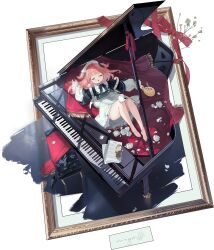 Rule 34 | 1girl, absurdres, azur lane, barefoot, candle, closed eyes, drooling, flower, grand piano, green eyes, hair ornament, highres, instrument, kurumi (recycllamo), lying, manjuu (azur lane), non-web source, official alternate costume, official art, on back, on piano, open mouth, petals, piano, pink hair, pompeo magno (azur lane), pompeo magno (quaver daydream) (azur lane), rose, rose petals, sheet music, sleeping, transparent background, two side up, white headwear