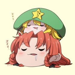 Rule 34 | 2girls, beret, black bow, blonde hair, blush, bow, braid, closed eyes, commentary request, drooling, flandre scarlet, full body, green headwear, hat, hat ornament, hong meiling, long hair, multiple girls, open mouth, orange hair, paplikaling, side braids, simple background, sleeping, star (symbol), star hat ornament, touhou, twin braids, yellow background, yukkuri shiteitte ne, zzz