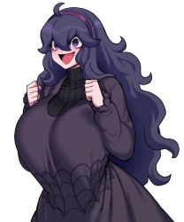 Rule 34 | 1girl, @ @, ahoge, alternate breast size, bags under eyes, black sweater, breasts, clenched hands, creatures (company), curvy, dress, game freak, hair between eyes, hairband, happy, hex maniac (pokemon), highres, huge breasts, long dress, long hair, matching hair/eyes, messy hair, nail polish, nintendo, open mouth, pokemon, pokemon xy, purple dress, purple eyes, purple hair, purple hairband, purple nails, ribbed sweater, simple background, smile, solo, spacezin, spider web print, sweater, turtleneck, turtleneck sweater, w arms, white background